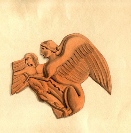 369 terracotta winged woman holding boy in her arms